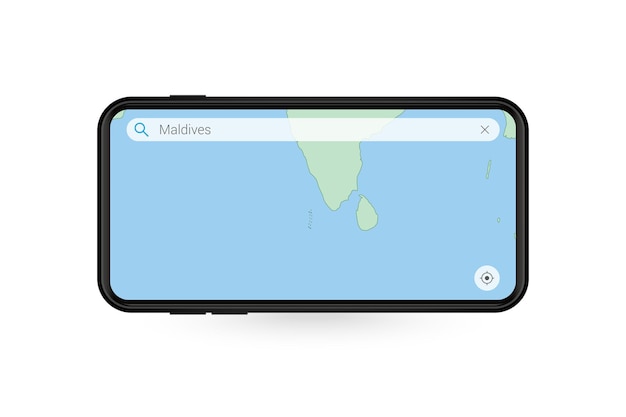 Búsqueda de mapa de Maldivas en la aplicación de mapas para teléfonos inteligentes. Mapa de Maldivas en teléfono celular.