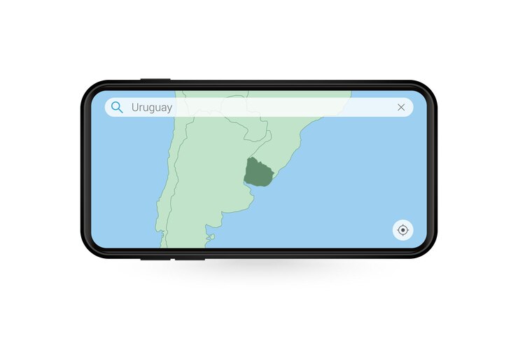 Vector búsqueda de mapa de uruguay en la aplicación de mapas para teléfonos inteligentes. mapa de uruguay en teléfono celular.