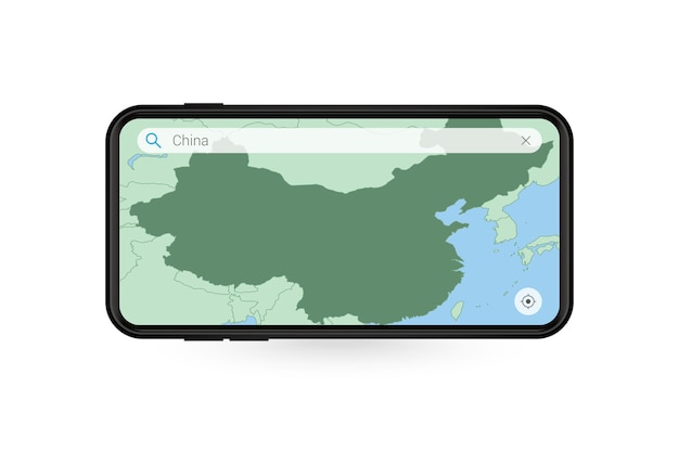 Búsqueda de mapas de china en la aplicación de mapas para teléfonos inteligentes. mapa de china en teléfono celular.