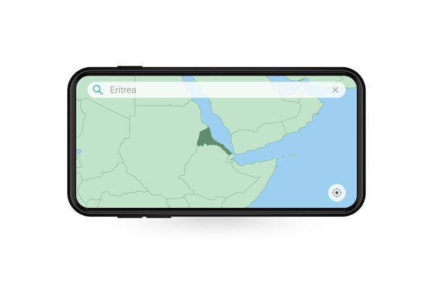 Búsqueda de mapas de Eritrea en la aplicación de mapas para teléfonos inteligentes. Mapa de Eritrea en teléfono celular.