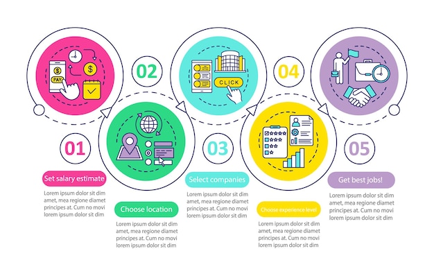 Búsqueda de plantillas infográficas vectoriales de trabajos a tiempo parcial. Elementos de diseño de presentación de negocios. Visualización de datos con cinco pasos y opciones. Gráfico de línea de tiempo del proceso. Diseño de flujo de trabajo con iconos lineales