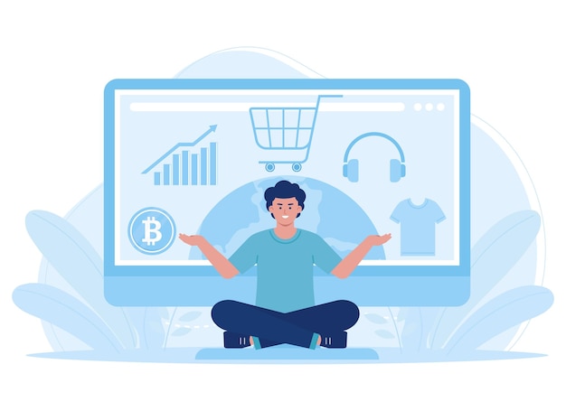 búsqueda de productos en tiendas en línea a través de la computadora concepto de tendencia ilustración plana