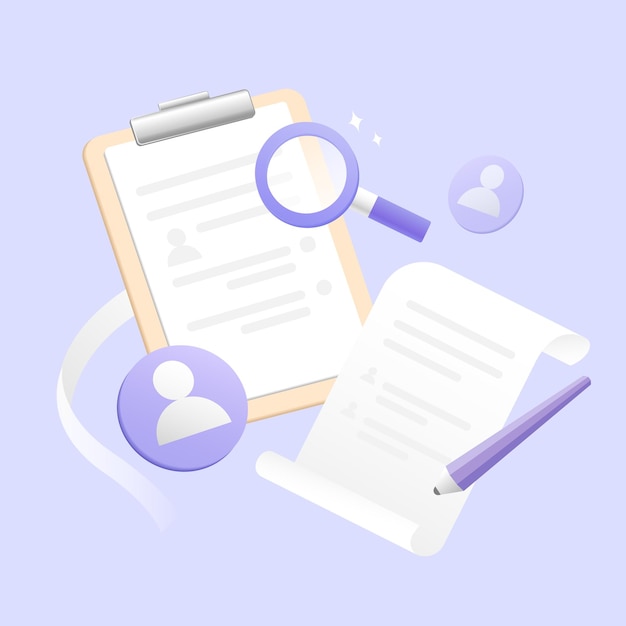 búsqueda de reclutamiento de currículum vector de ilustración en 3D
