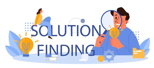 Búsqueda de soluciones encabezado tipográfico Generación de innovación creativa Inspiración e imaginación en una lluvia de ideas Bombilla como metáfora Ilustración de vector plano aislado