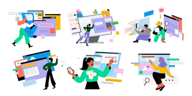 Búsqueda de trabajo en Internet Investigación de información Navegación digital Consulta de palabras clave en el navegador Gente que encuentra datos de computadora con lupas Tecnología web Buscar sitio web Usuarios en línea conjunto plano vectorial