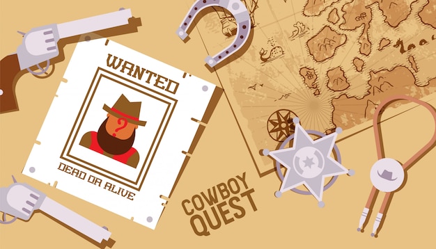 Vector búsqueda de vaquero, juego del salvaje oeste, estrella del sheriff y símbolos del oeste americano