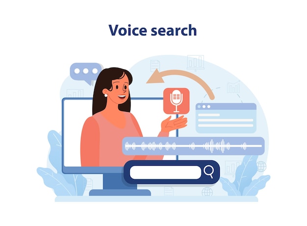 Búsqueda por voz inteligencia artificial asistente virtual personaje hablando en el micrófono con el navegador