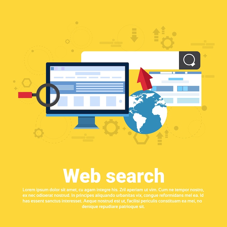 Vector búsqueda web contenido digital tecnología de la información negocio web banner ilustración vectorial plana