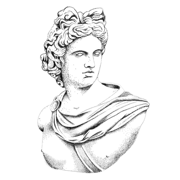 Busto del antiguo dios griego y romano Apolo Vector ilustrado con puntos sobre fondo blanco