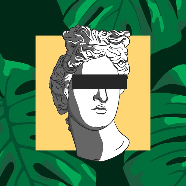 Busto de una mujer en estilo griego antiguo contra un fondo de selva