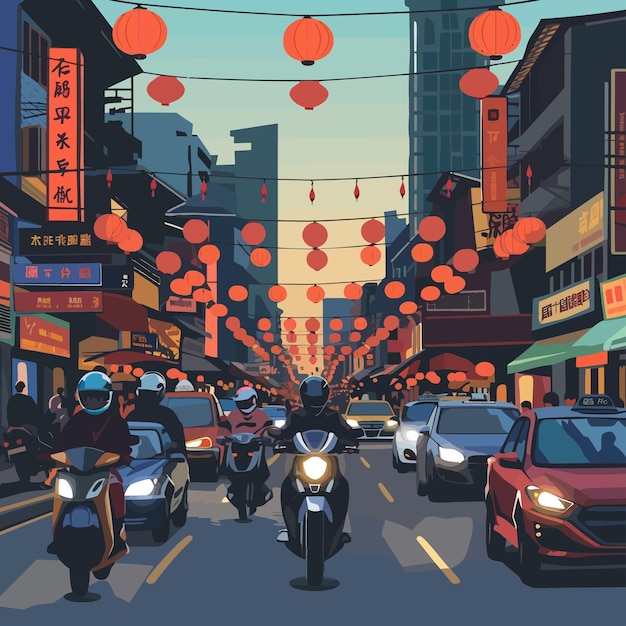 Vector busy_asian_street_traffic_with_motorbikes_vector (calle ocupada con motocicletas)