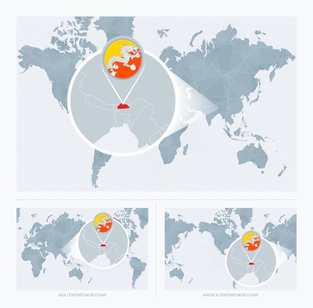 Vector bután ampliado sobre el mapa del mundo 3 versiones del mapa mundial con bandera y mapa de bután