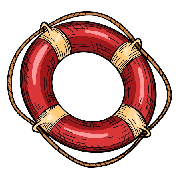 Buya salvavidas roja con cuerda boceto aislado anillo de vida dibujado a mano en estilo de grabado Ilustración vectorial vintage