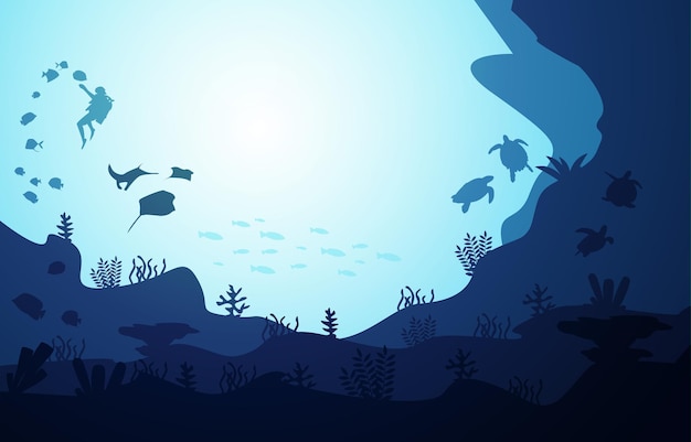 Buzo Buceo Vida Silvestre Peces Animales Marinos Ilustración Acuática Submarina