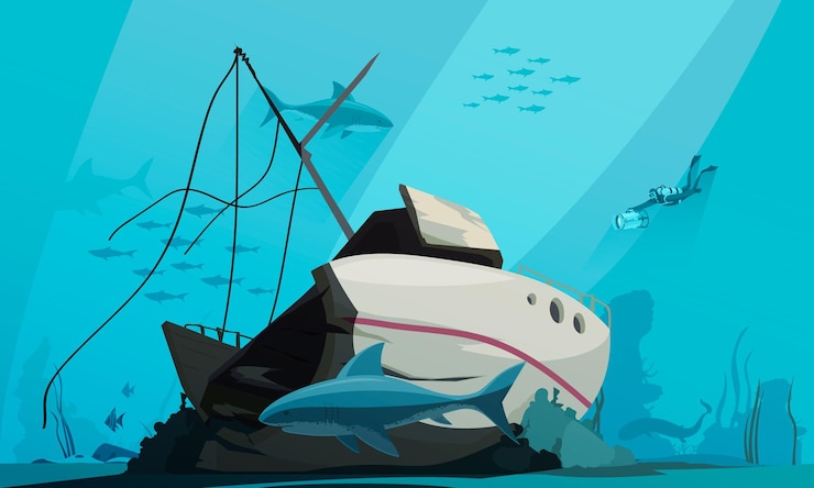 Vector buzo desciende al océano para explorar un naufragio hundido en el fondo del mar