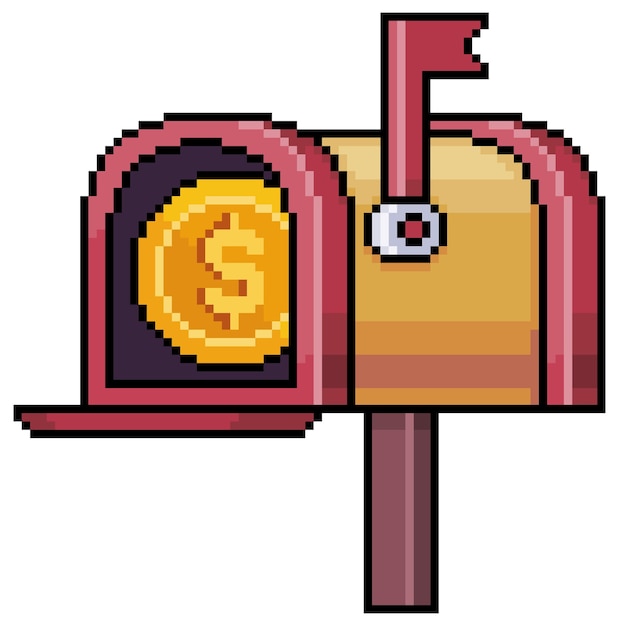 Buzón de pixel art con icono de vector de orden de dinero de moneda para juego de 8 bits sobre fondo blanco