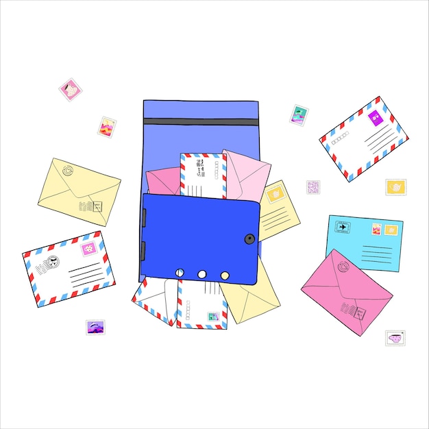 Buzón con sobres y sellos Ilustración de vector lindo