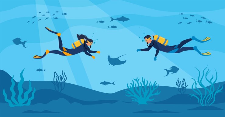 Vector buzos con equipo de buceo nadan en el mar banner de paisaje marino con gente bajo el agua