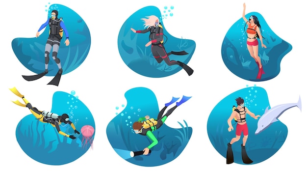 Los buzos nadan bajo el agua azul claro del mar océano explorando el fondo de los arrecifes de coral medusas peces en el fondo Lancha motora en la cubierta del velero de agua en el horizonte Ilustración vectorial