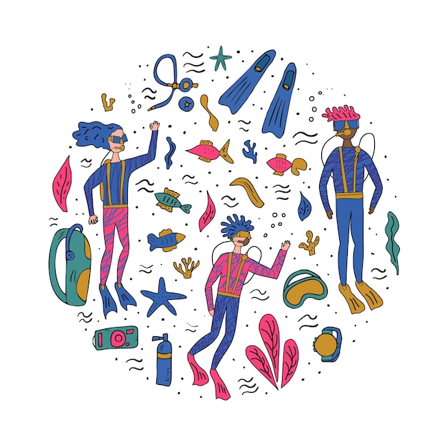 Buzos con peces y plantas subacuáticas Conjunto de vectores