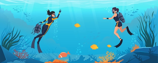 Los buzos submarinos exploran la vida marina en una vibrante ilustración vectorial del océano