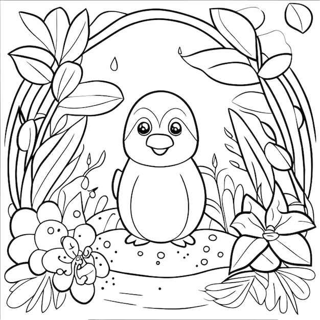 bw claro en línea hermoso lindo pingüino en la jungla cuerpo completo vector ilustración arte de línea