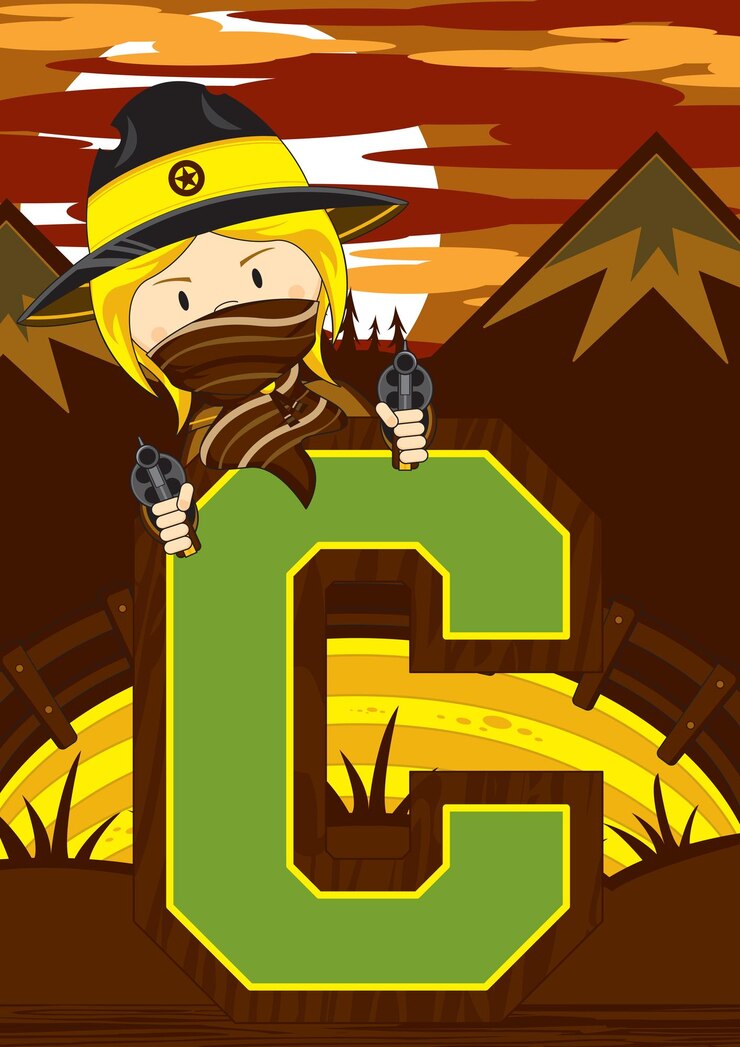 Vector c es para cowboy cowgirl wild west alphabet learning ilustración educativa
