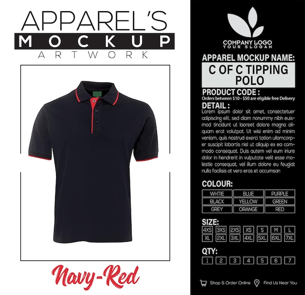 C OF C Tipping Polo NavyRed Vestido Mockup Diseño de obras de arte