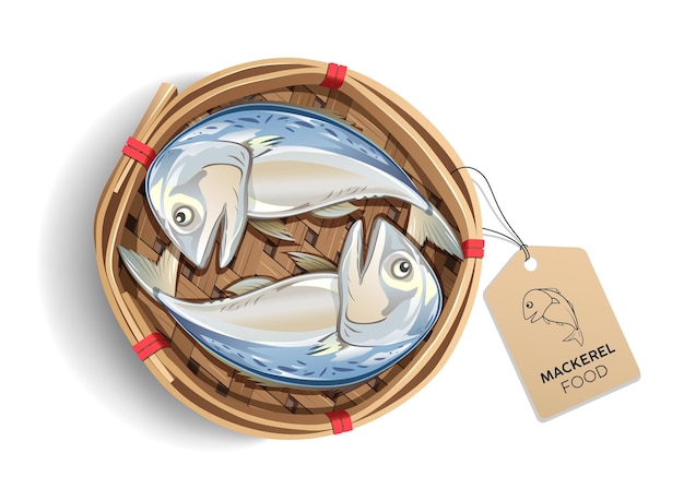 Caballa en el embalaje de la cesta de bambú, con etiqueta marrón producto de pescado, aislado sobre fondo blanco, comida popular en Tailandia