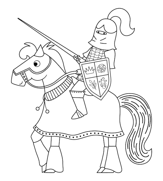 Caballero blanco y negro de cuento de hadas sobre un caballo guerrero blindado de línea de fantasía página para colorear soldado de cuento de hadas en casco con escudo de espada ícono de dibujos animados con personaje medieval y armaxa