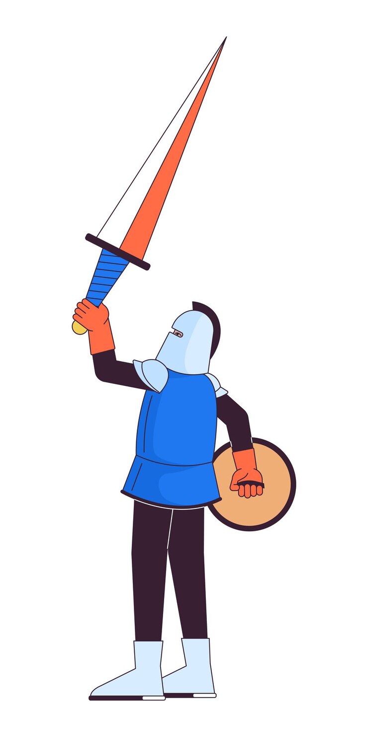 Vector caballero blindado levantando la espada personaje de dibujos animados lineal 2d