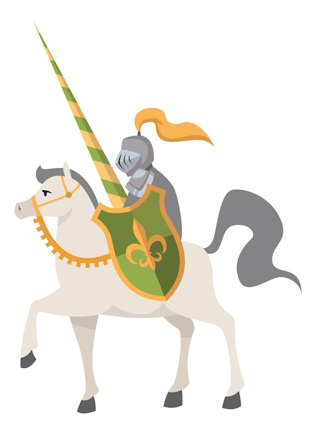 Vector caballero de cuento de hadas con escudo heráldico montando a caballo