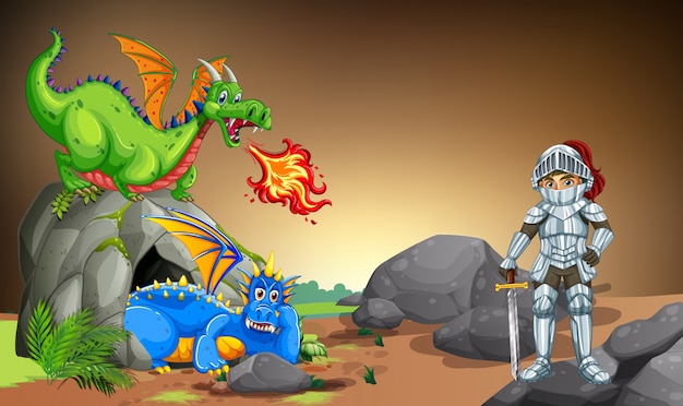 Caballero con dos dragones en la cueva