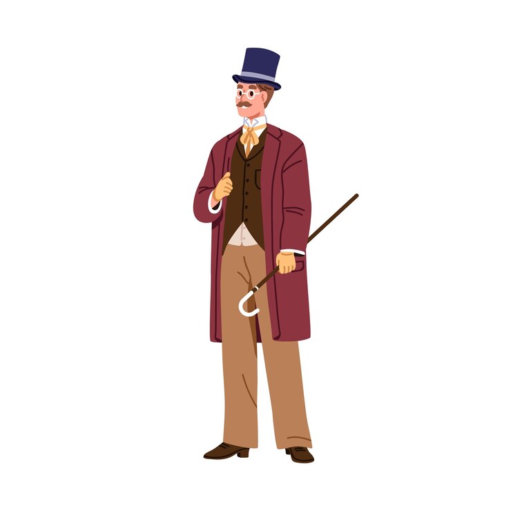 Vector un caballero de estilo victoriano con ropa de moda del siglo xix, un aristócrata británico elegante con sombrero de copa y bastón, un hombre noble con ropa vintage, una ilustración vectorial plana aislada sobre un fondo blanco.