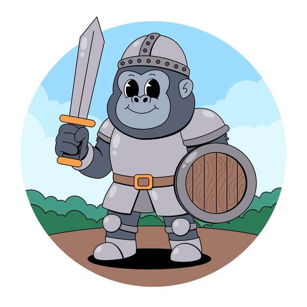 Un caballero gorila con una espada y un escudo al estilo de los dibujos animados