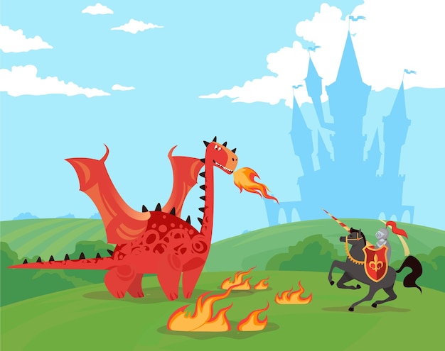Caballero lucha contra un enorme dragón cerca del castillo de un antiguo reino Guerrero en armadura con espada criatura respiradora de fuego Escena de cuento de hadas Ilustración aislada de dibujos animados