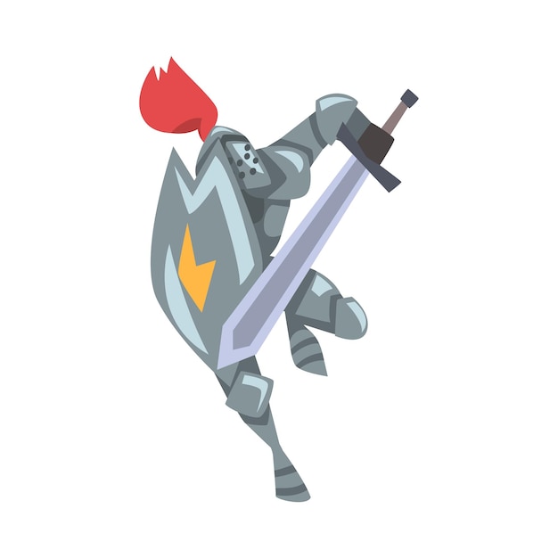 Caballero medieval Caballero guerrero personaje en armadura corporal de metal completo Corriendo con escudo y espada Ilustración vectorial de estilo de dibujos animados