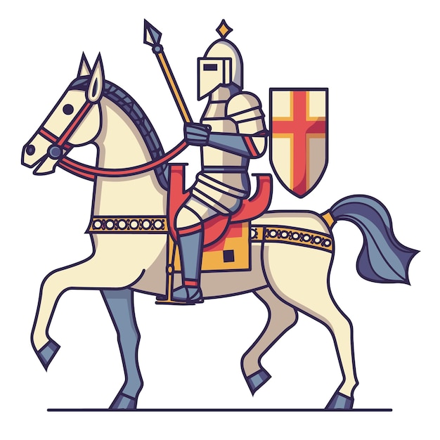 Vector caballero medieval montado a caballo con lanza escudo listo para la batalla colorida armadura de dibujos animados