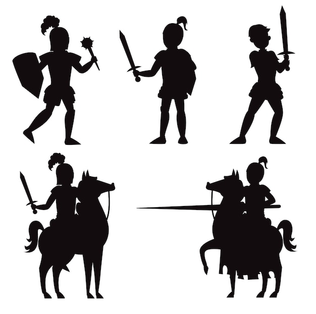 Caballero medieval sosteniendo espada real aislado Vectores Siluetas