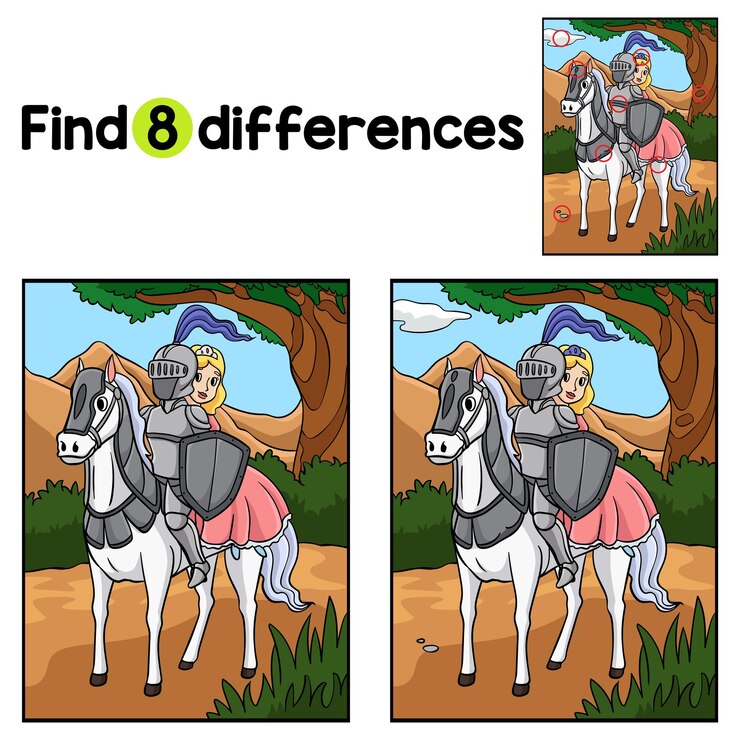 Vector el caballero y la princesa caballo encuentran las diferencias