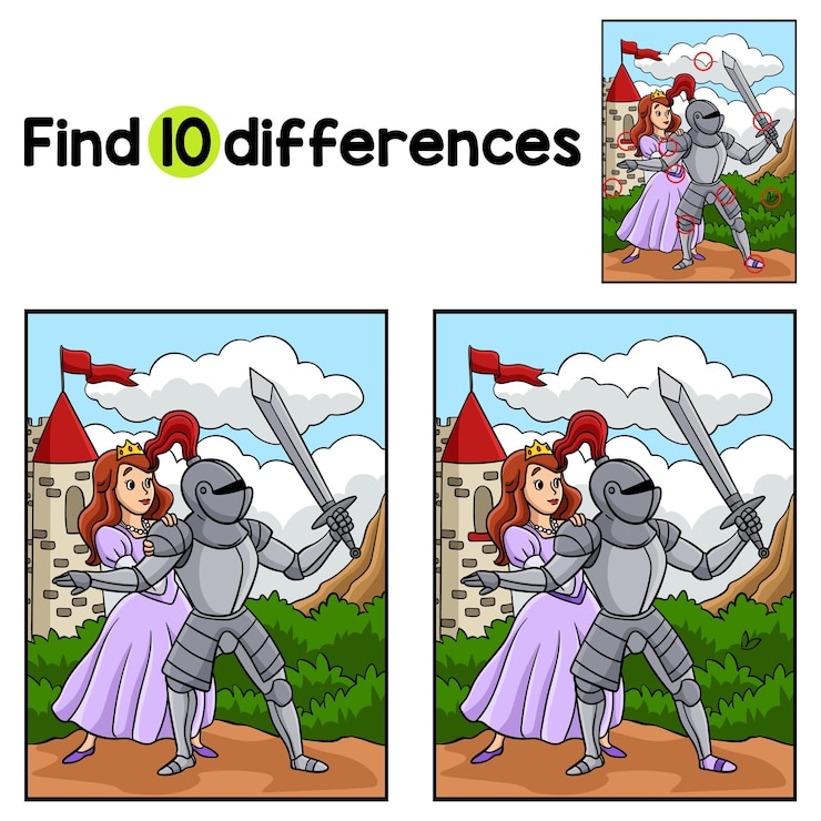 Vector el caballero protege a la princesa encuentra las diferencias