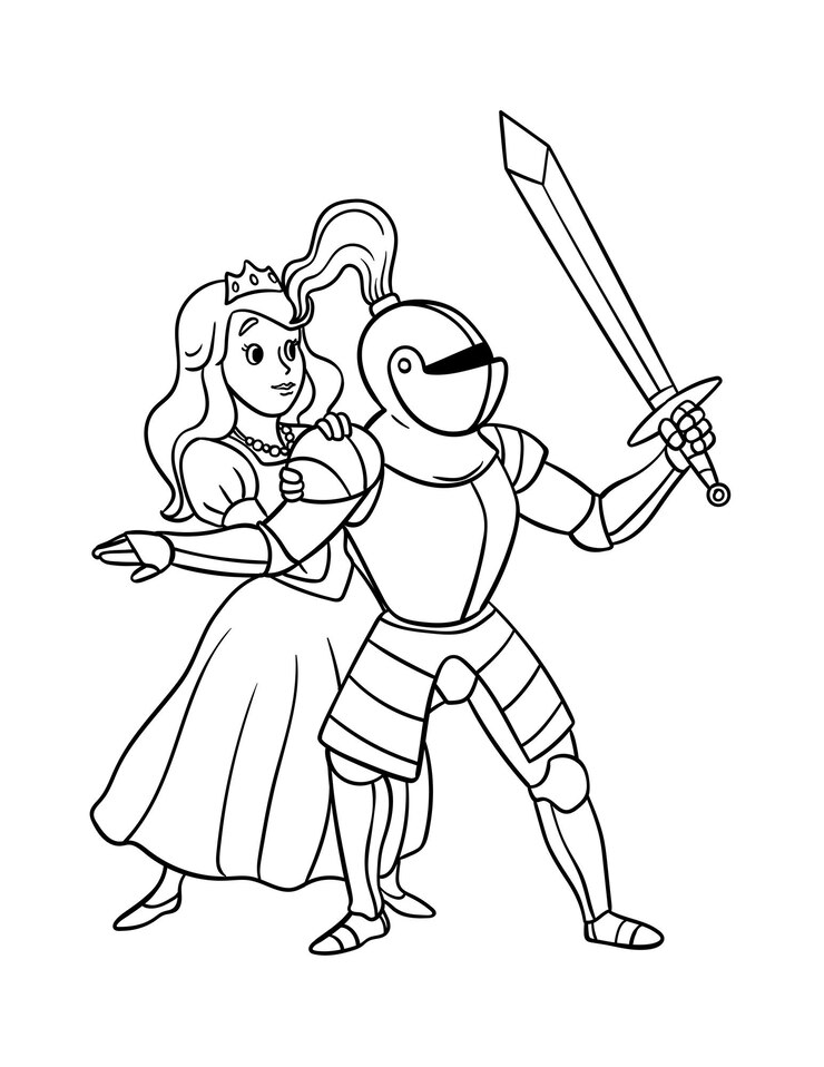 Vector caballero protegiendo a la princesa para colorear aislado