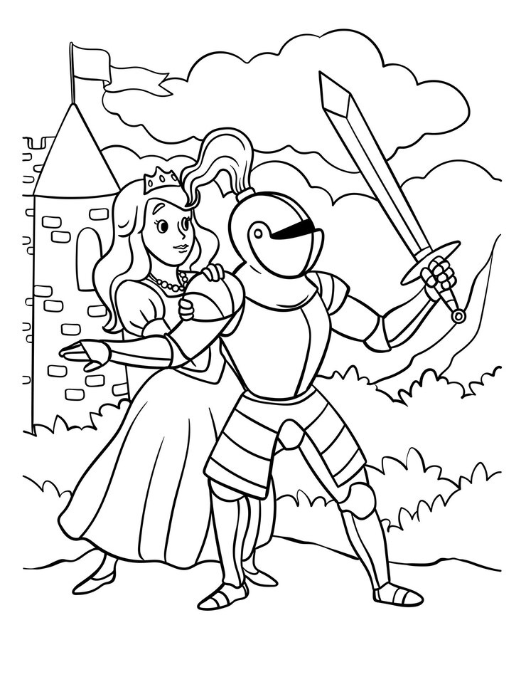 Vector caballero protegiendo a la princesa página para colorear