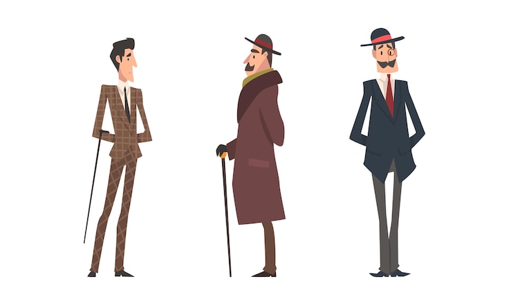 Vector un caballero victoriano en un traje elegante con modales respetuosos de pie conjunto vectorial