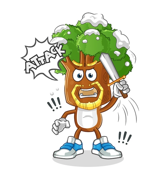 Los caballeros de dibujos animados de cabeza de árbol atacan con vector de dibujos animados de espada