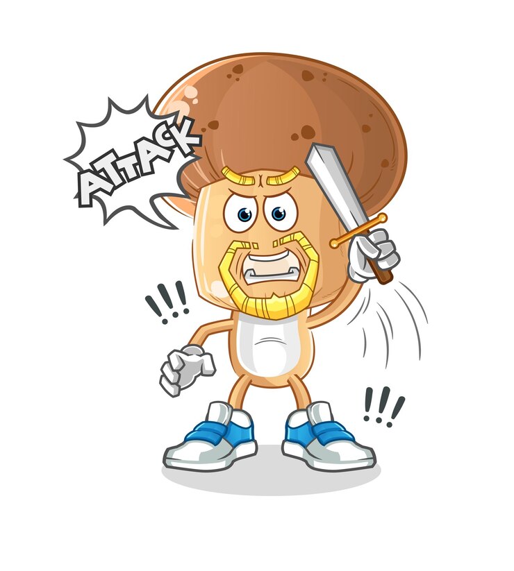 Vector los caballeros de dibujos animados de cabeza de hongo atacan con espada. vector de dibujos animados
