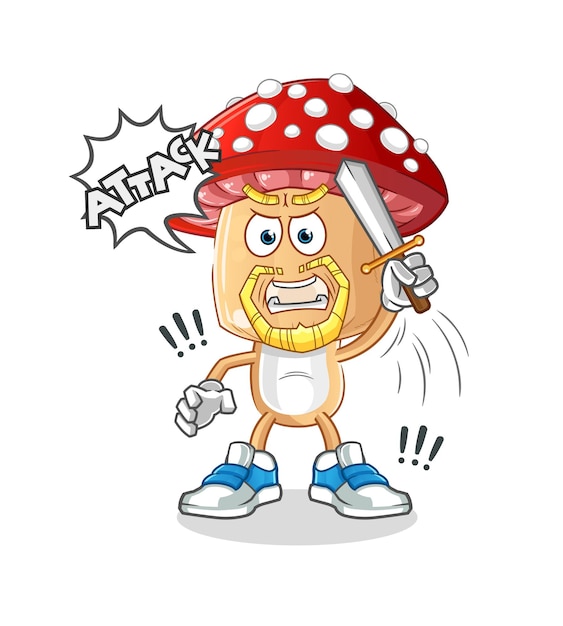Los caballeros de dibujos animados de cabeza de hongo rojo atacan con espada. vector de dibujos animados