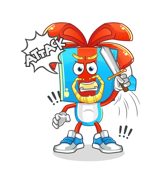 Caballeros de dibujos animados de cabeza de regalo atacan con vector de dibujos animados de espada