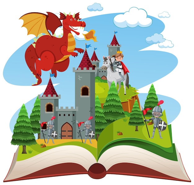 Vector los caballeros luchan con el dragón en el castillo en un libro abierto
