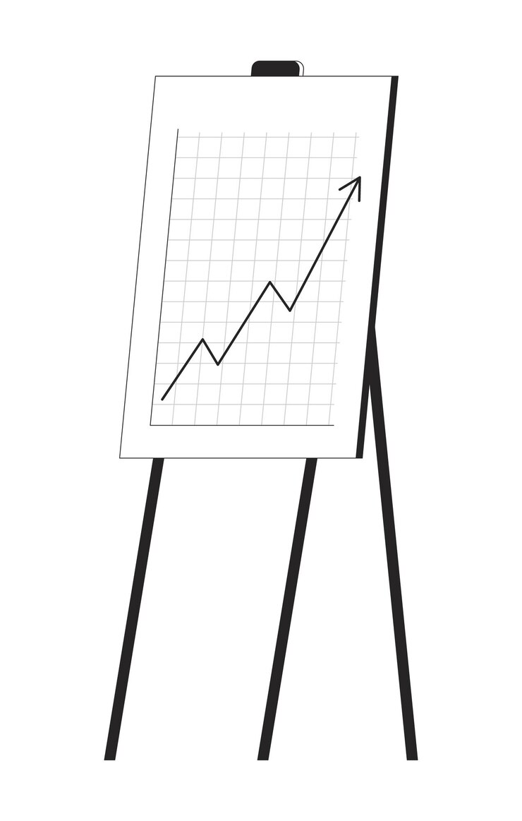Vector un caballete simple que muestra un gráfico de líneas con una tendencia ascendente roja y un objeto de línea 2d en blanco y negro